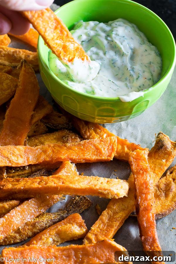 Sweet Potato Fries with Dill Dip, Close-up