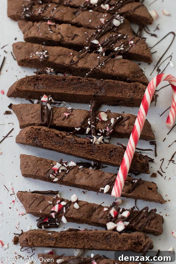 Finished double chocolate peppermint biscotti drizzled with chocolate and crushed candy