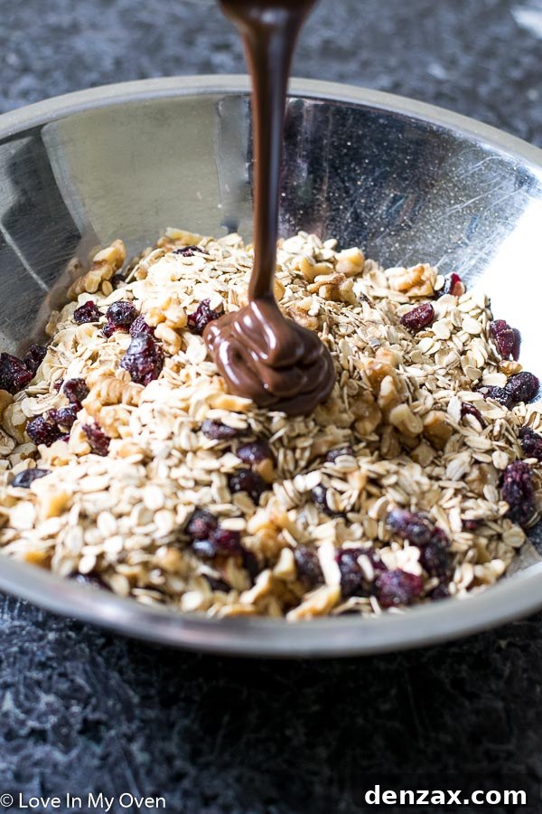 Close-up of the melted Nutella and honey mixture for granola