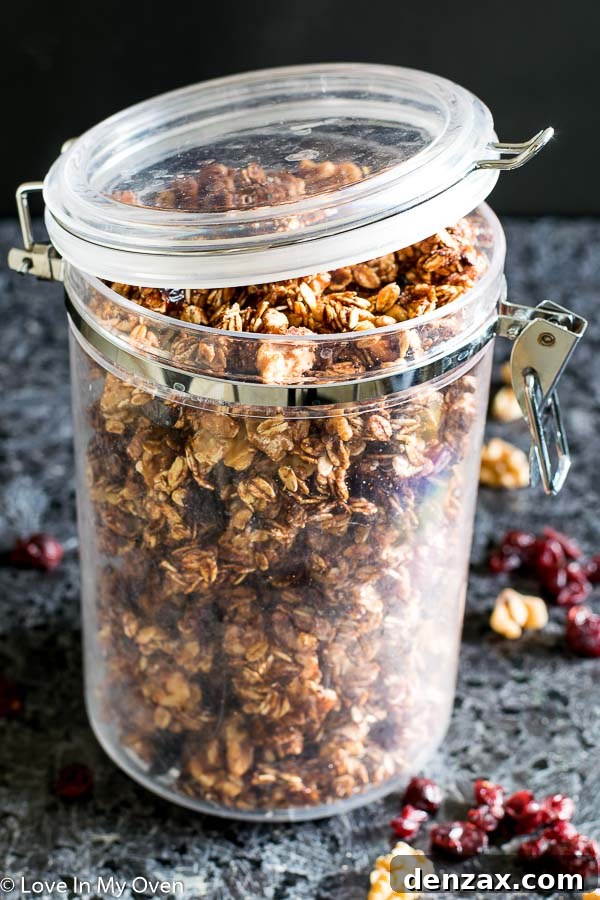 Close-up of toasted Nutella Walnut Granola on a baking sheet
