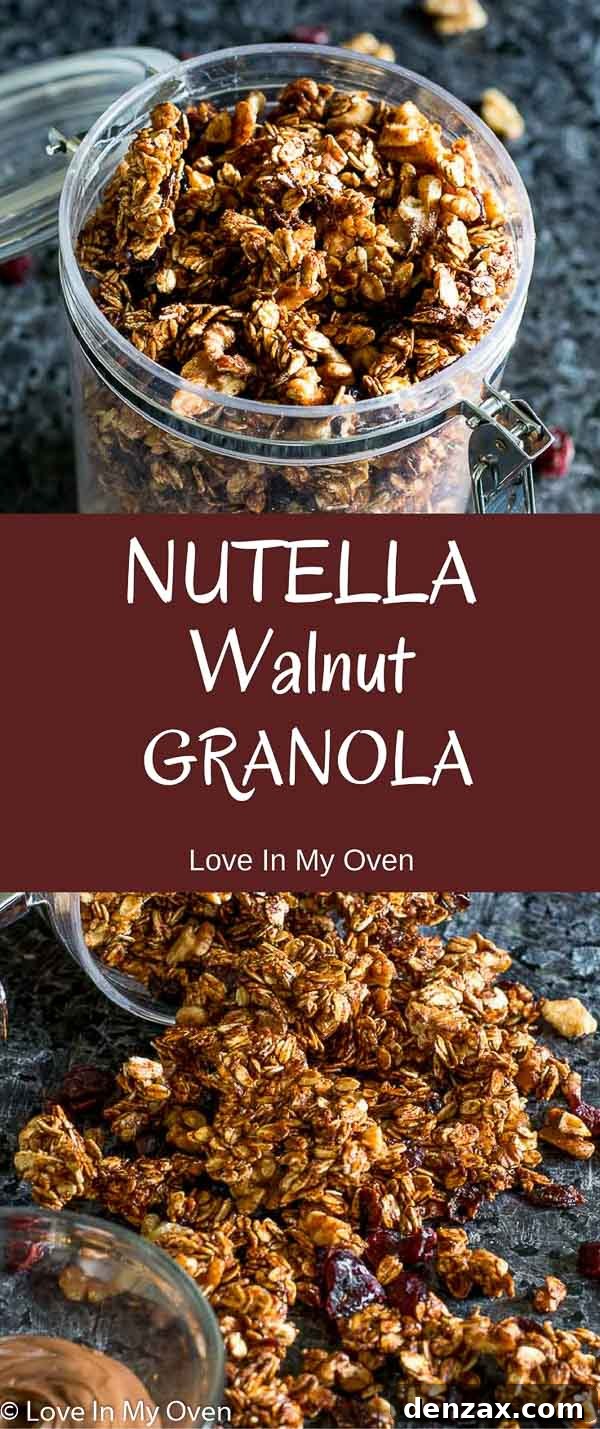 A bowl of Nutella Walnut Granola with milk and fresh berries
