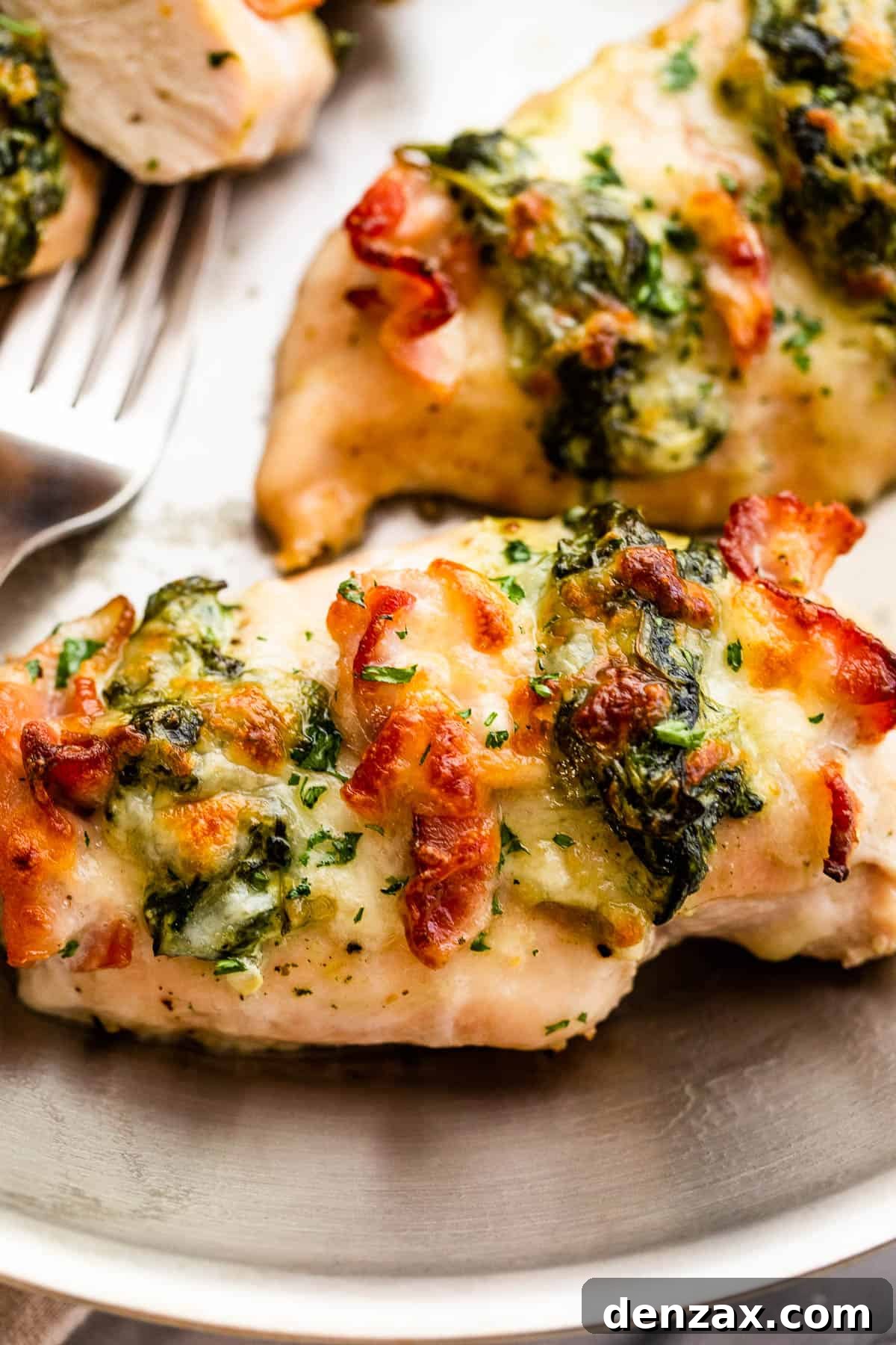 overhead shot of a baked chicken breast stuffed with spinach and bacon on top