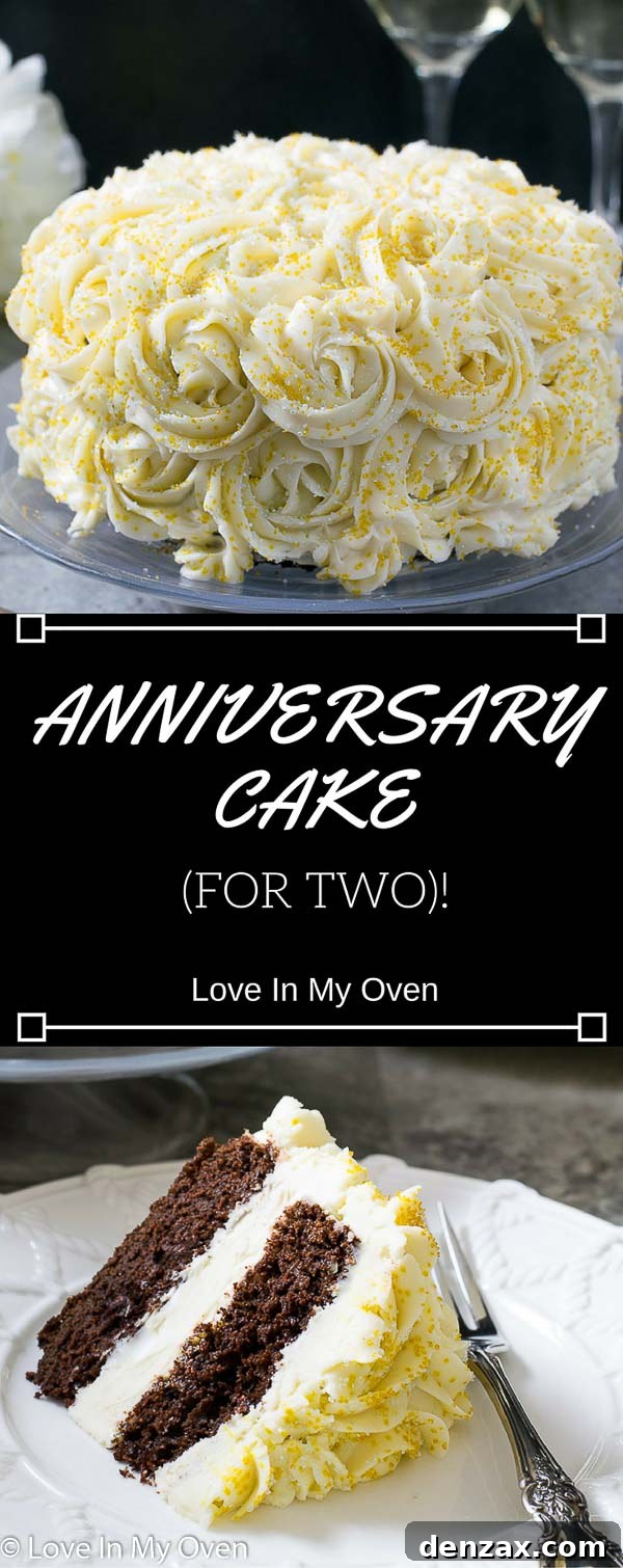 Full side view of a decorated mini chocolate cake for two, ideal for romantic occasions