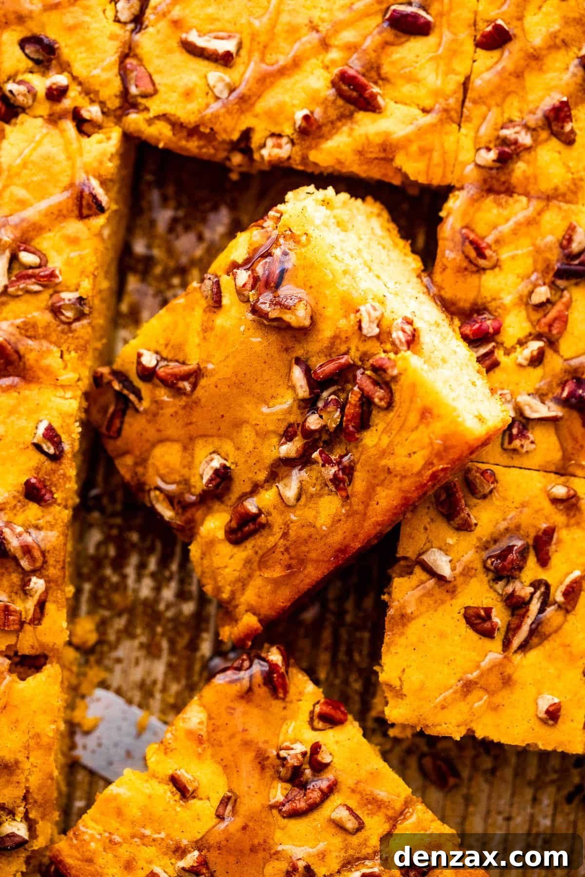 A close-up overhead shot of a single square of sheet pan pumpkin pancake, showing its light, fluffy texture and the golden-brown crust.