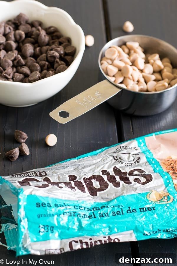 Close-up of a bowl filled with sea salt caramel baking chips and semi-sweet chocolate chips, ready for cookie dough