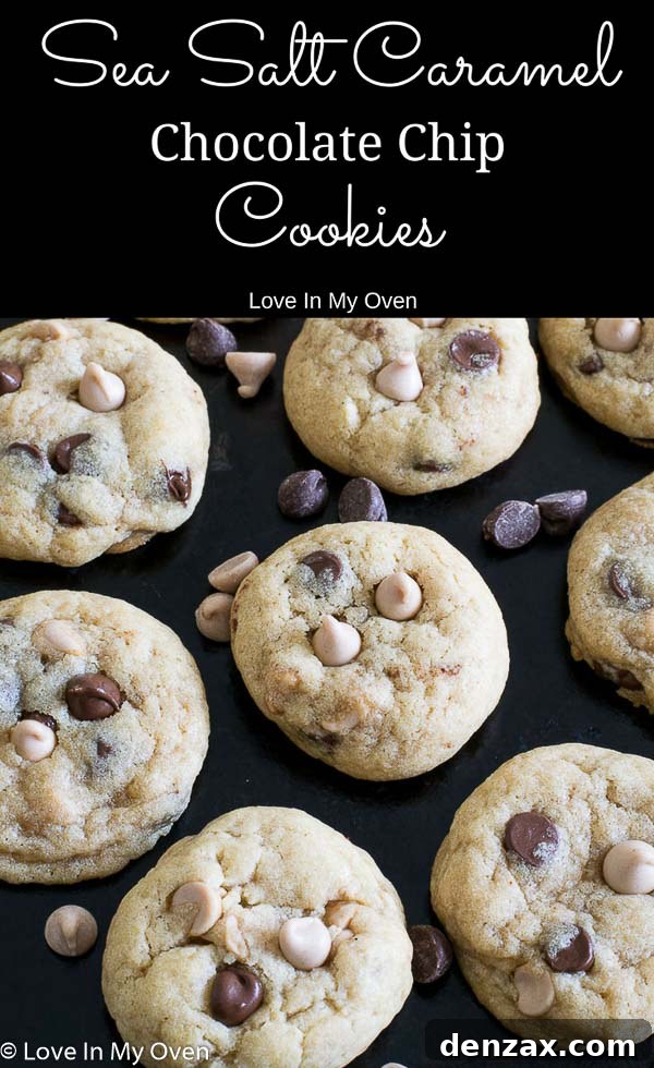 A close-up of a single sea salt caramel chocolate chip cookie, showcasing its soft texture and melted chips
