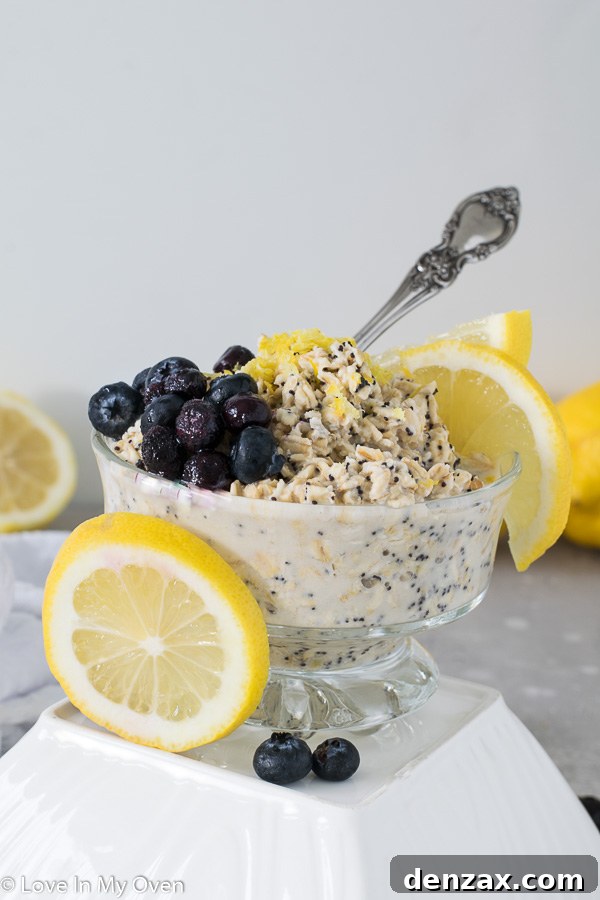 Bright and refreshing lemon poppy seed overnight oats in a jar, ready for breakfast.