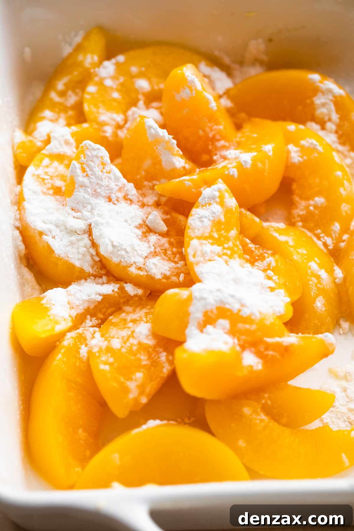 Freshly sliced peaches, glistening and coated in a mixture of cornstarch and sugar, carefully arranged in a clear mixing bowl, ready for the next step of the recipe.