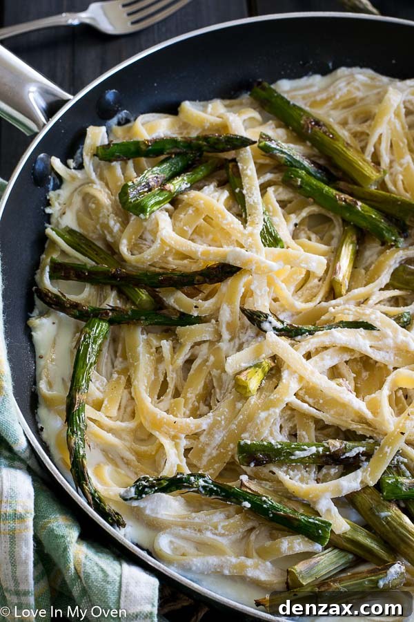 Close-up of Roasted Asparagus and Ricotta Fettuccine