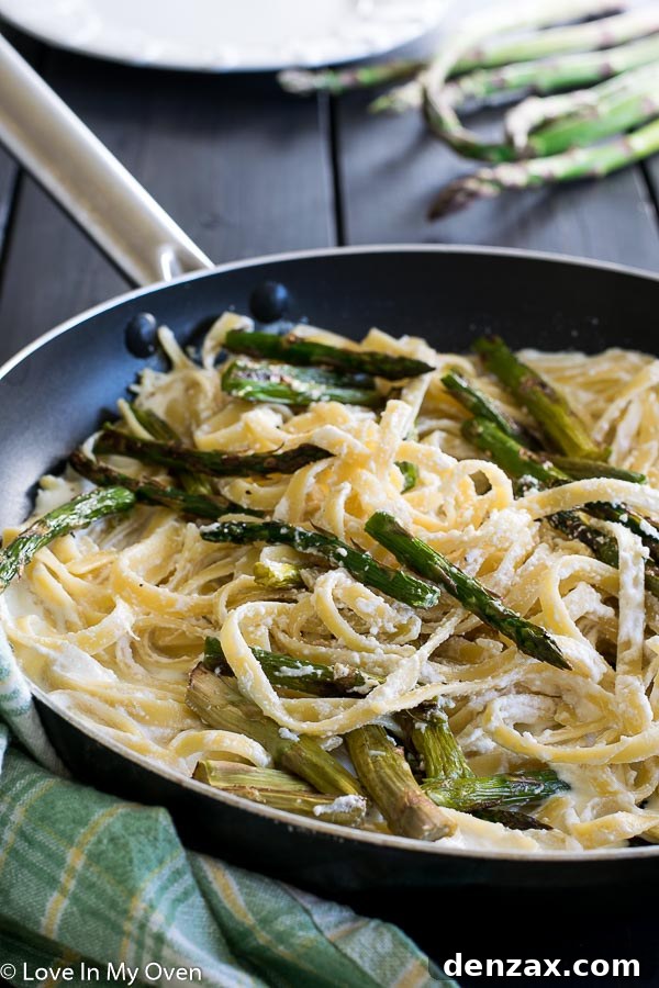 A bowl of creamy Roasted Asparagus and Ricotta Fettuccine