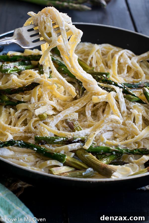Overhead shot of Roasted Asparagus and Ricotta Fettuccine
