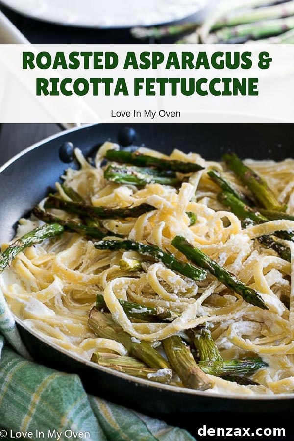 Full plate of creamy Roasted Asparagus and Ricotta Fettuccine with fresh pepper