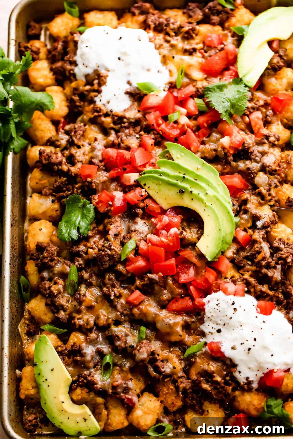 A final, mouthwatering shot of the Sheet Pan Totchos with Beef, generously topped with an array of fresh and colorful garnishes, ready to be enjoyed.