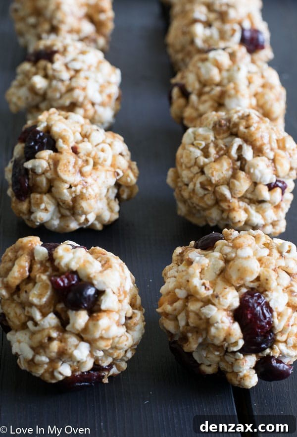 Close-up of cranberry almond popcorn balls