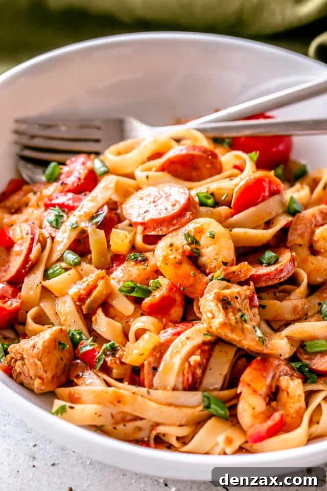 A close-up of the delicious One Pot Jambalaya Pasta, brimming with colorful ingredients and a rich sauce, ready to be enjoyed.