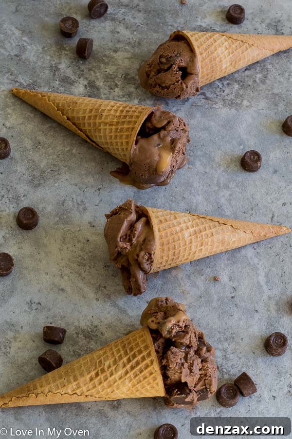 Homemade No-Churn Rolo Ice Cream with Chocolate and Caramel Swirls