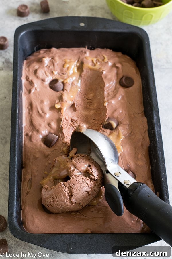 Close-up of Rolo no-churn ice cream in a bowl, showcasing chocolate and caramel swirls
