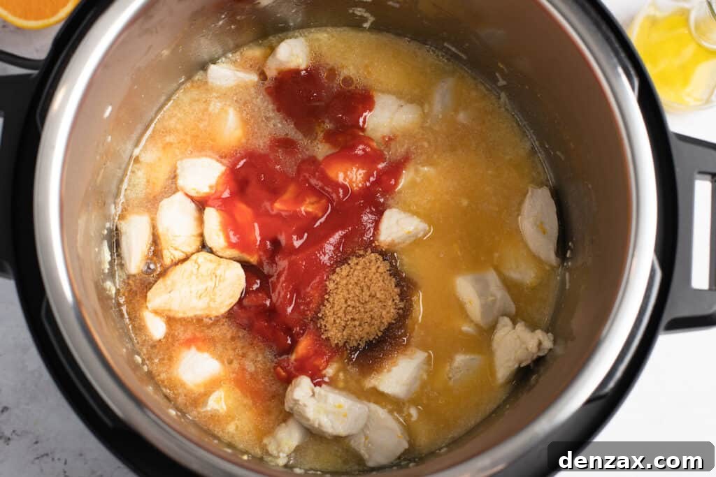 Chicken and sauce ingredients in the Instant Pot