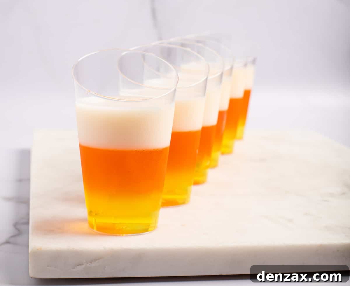 A row of matching candy corn jello shots.