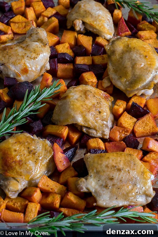Close-up of roasted sheet pan chicken and vegetables