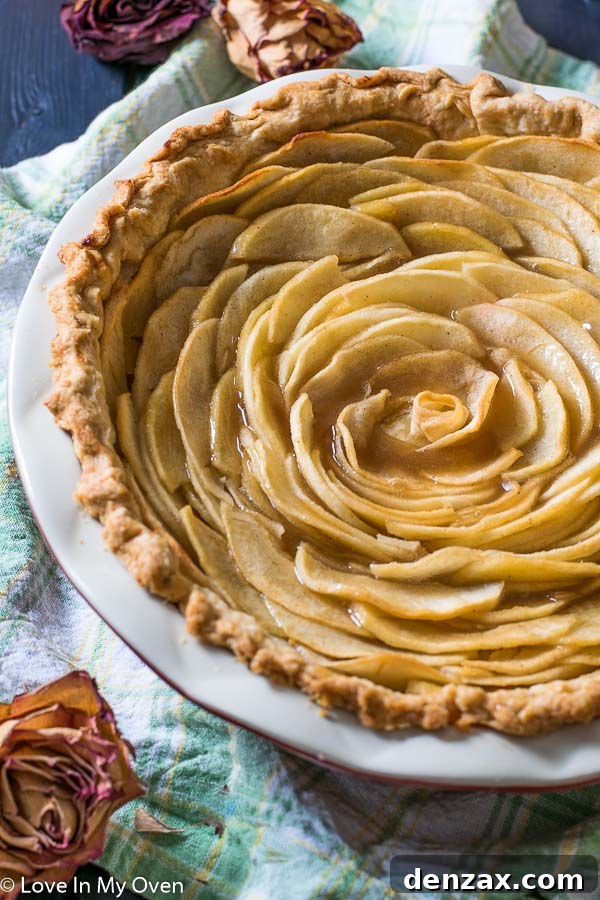 Close-up of Salted Caramel Apple Rose Pie