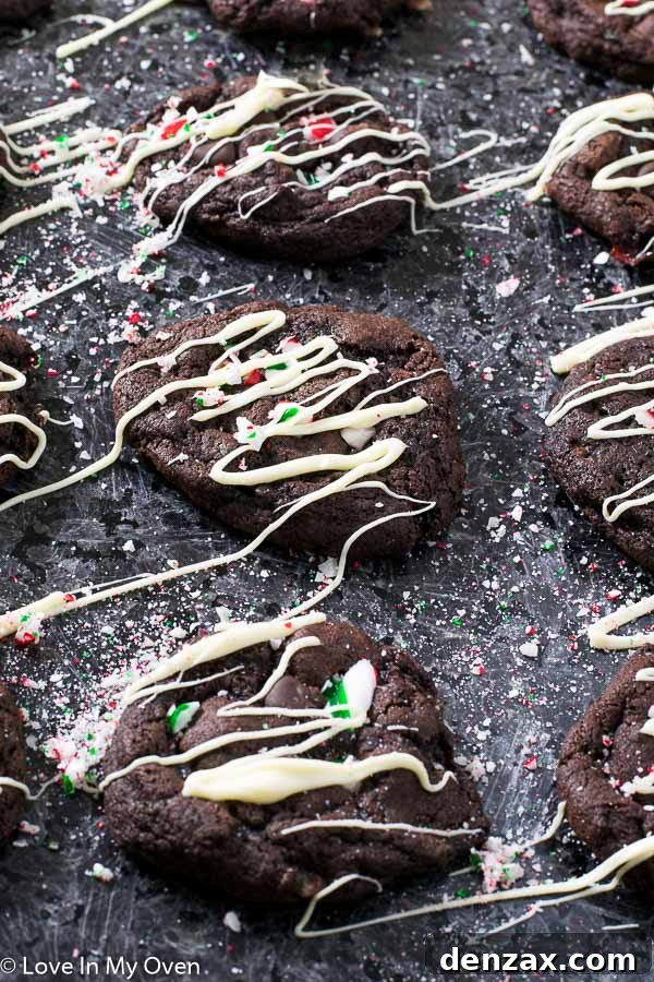 Several freshly baked Mint Chocolate Candy Cane Cookies on a cooling rack.
