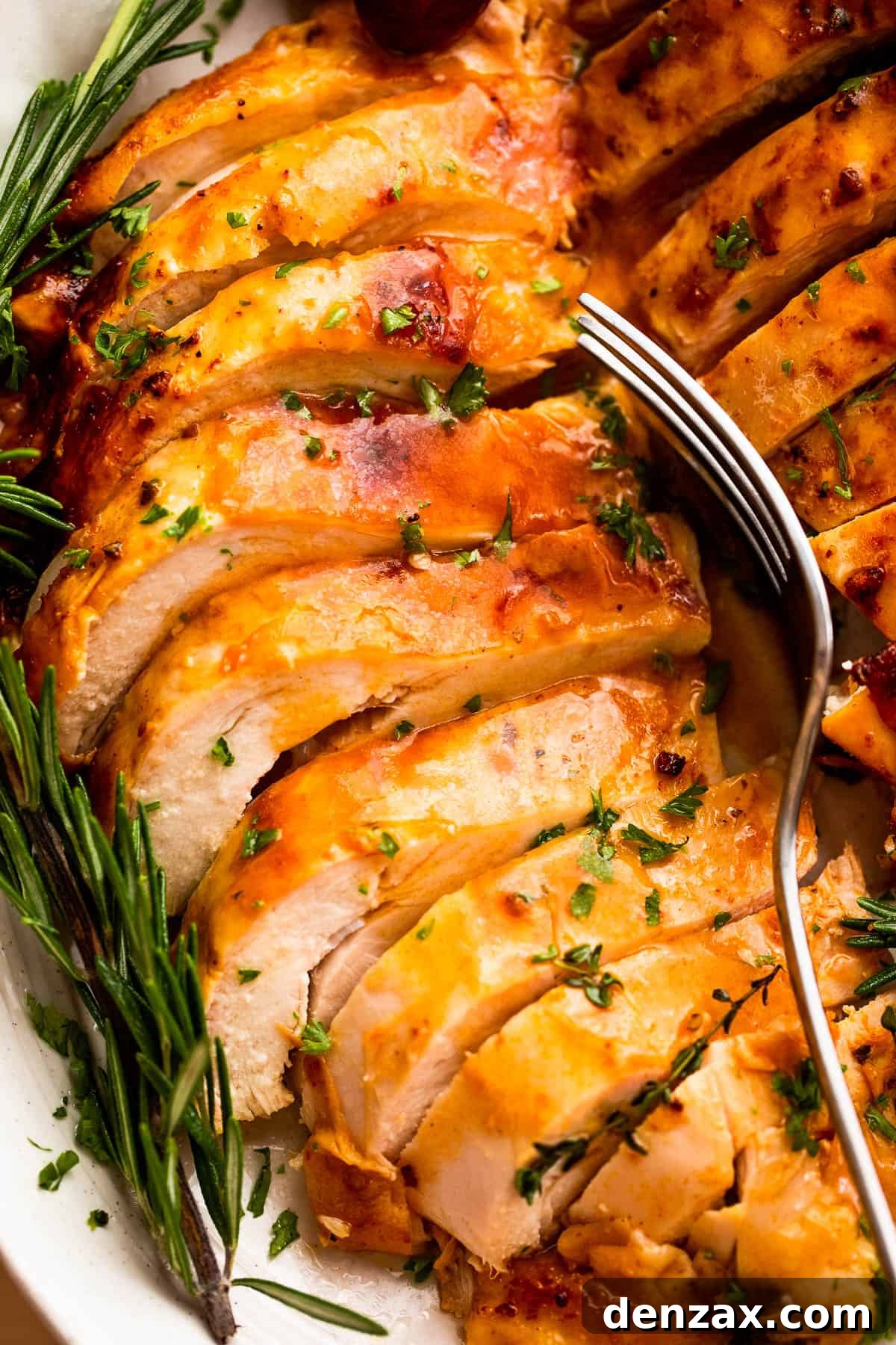 Perfectly sliced, juicy roasted turkey breast on a serving platter with a fork, ready to be enjoyed.