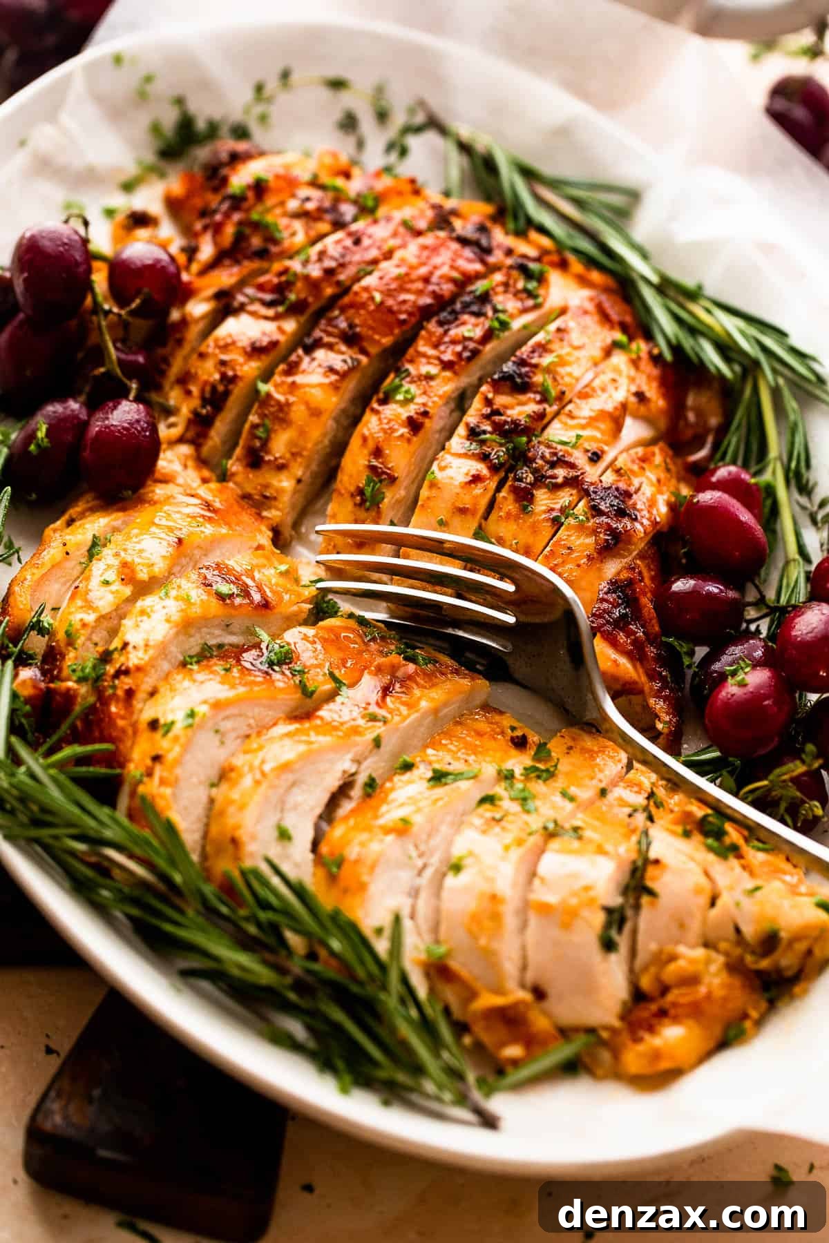 Two beautifully sliced roasted turkey breasts garnished with fresh rosemary and grapes on a large platter.