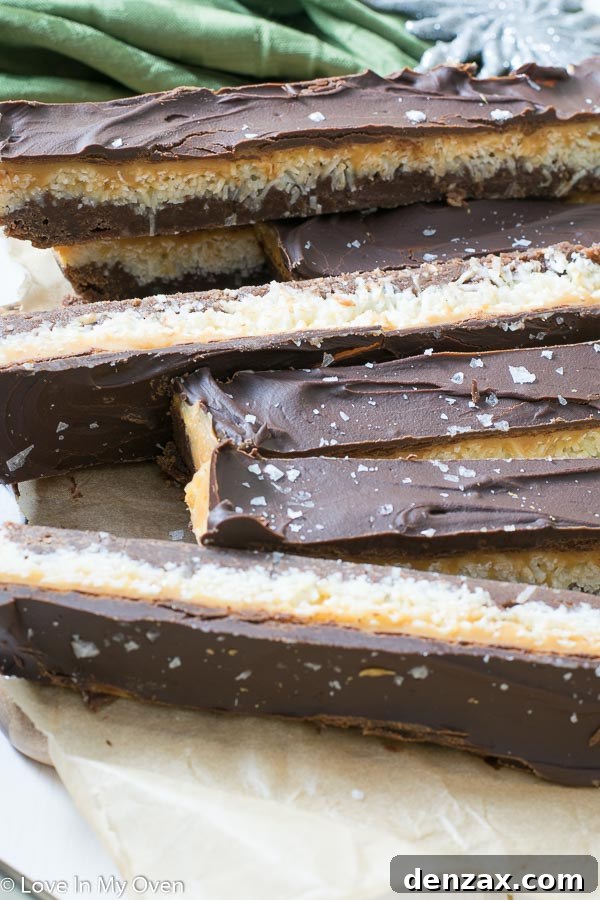 Perfectly Layered Chocolate Caramel Coconut Bars