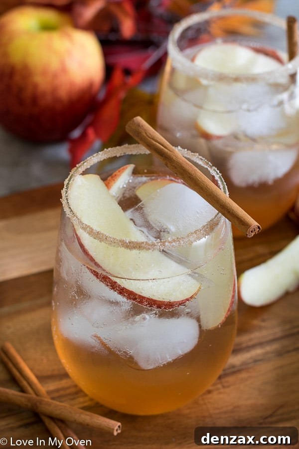 Refreshing Apple Cinnamon Gin Fizz cocktail, garnished with apple slices and cinnamon sticks.
