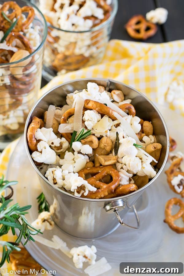 Gourmet Parmesan Rosemary Popcorn Snack Mix with Pretzels and Nuts
