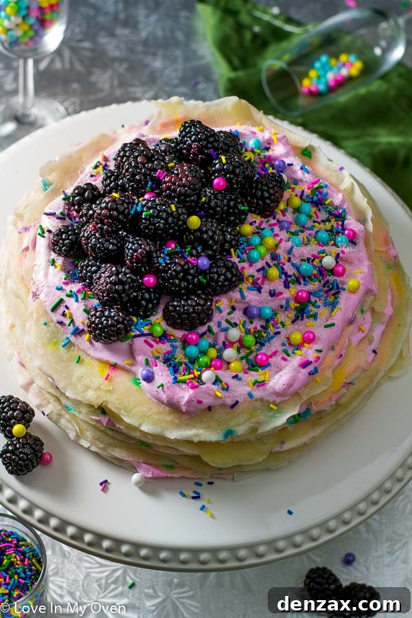 Close-up of a slice of Funfetti Crepe Cake showing multiple thin layers of crepes and creamy filling