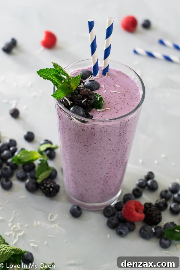 Close-up of creamy Low-Carb Blueberry Smoothie in a glass