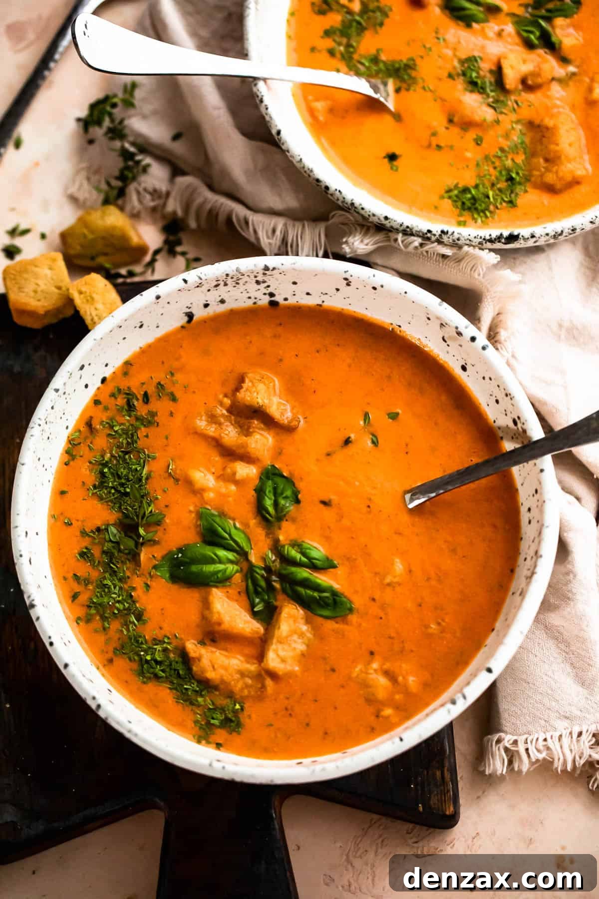 Two white bowls filled with roasted tomato basil soup, garnished with crispy croutons, fresh parsley, and bright basil leaves, presented from an overhead perspective.