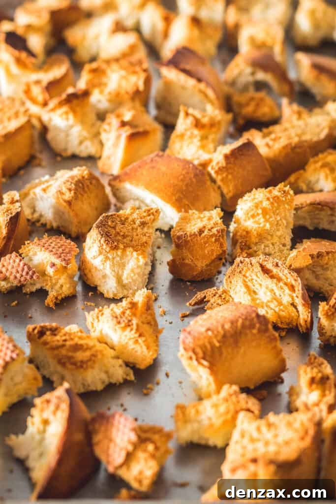 Toasted cubed French bread on a sheet pan.