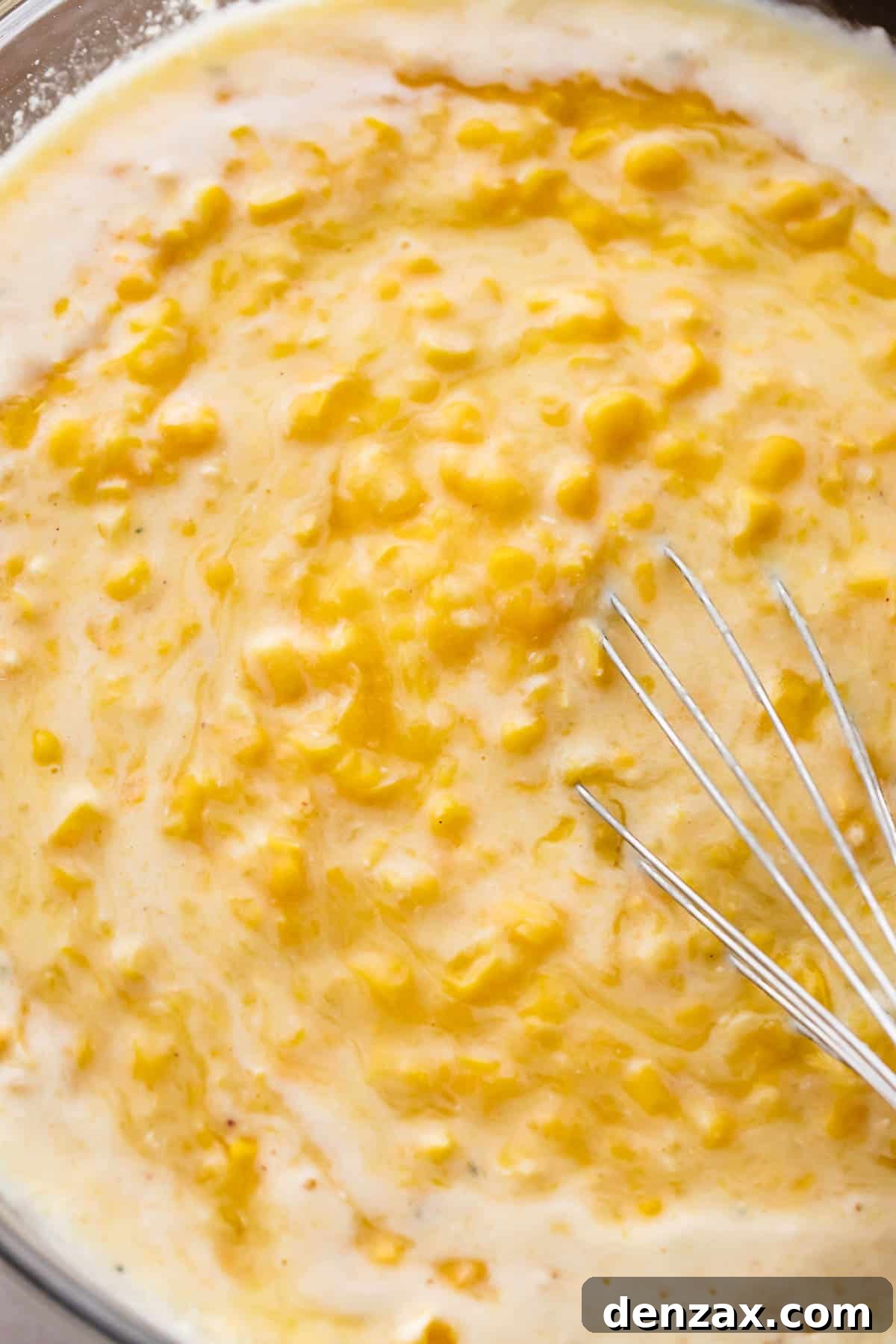 A glass mixing bowl filled with corn pudding batter.