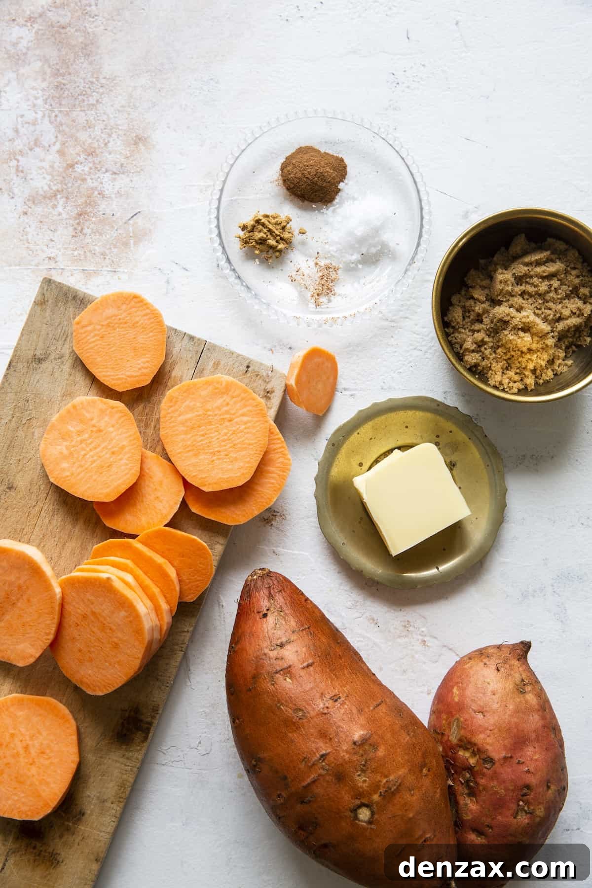 Clockwise from top: Cinnamon, ginger, nutmeg, and salt; brown sugar, butter, sweet potatoes.