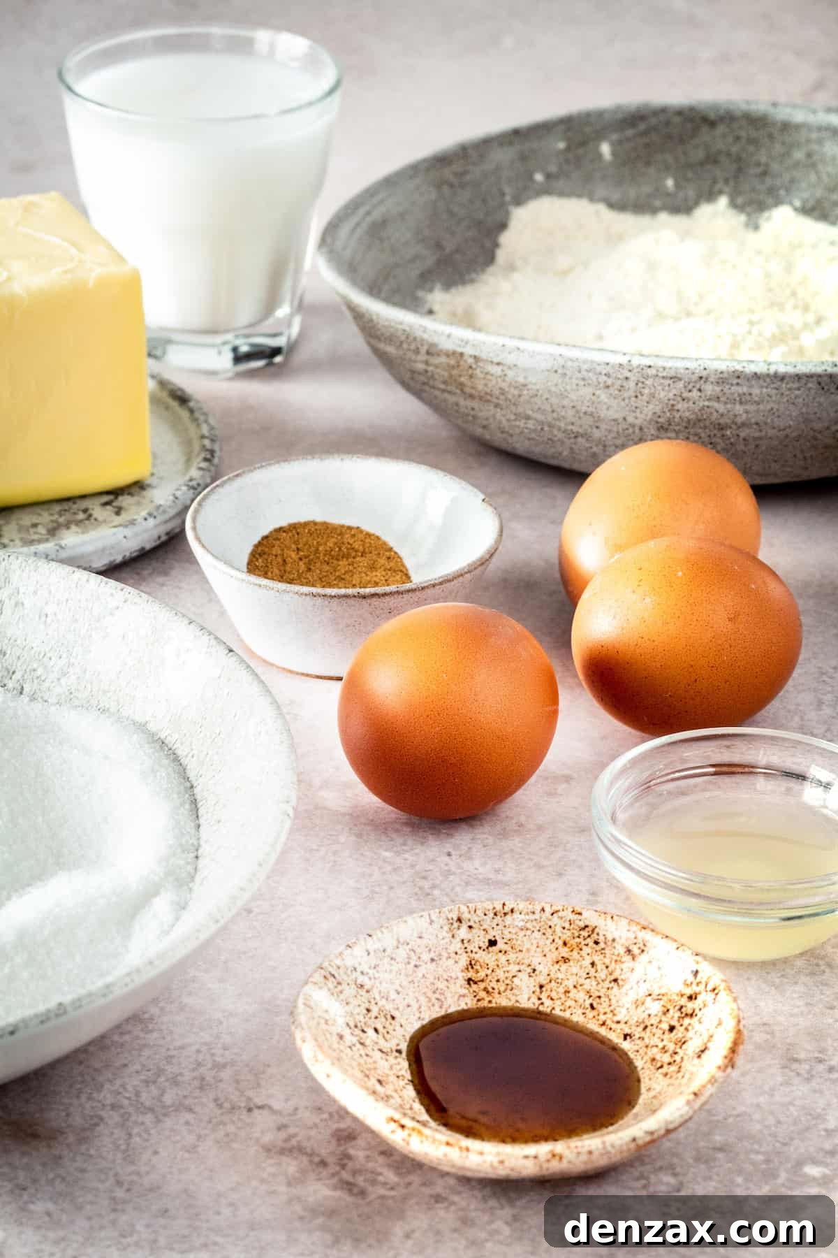 Clockwise from top left: Butter, buttermilk, nutmeg, eggs, flour, lemon juice, vanilla, sugar.