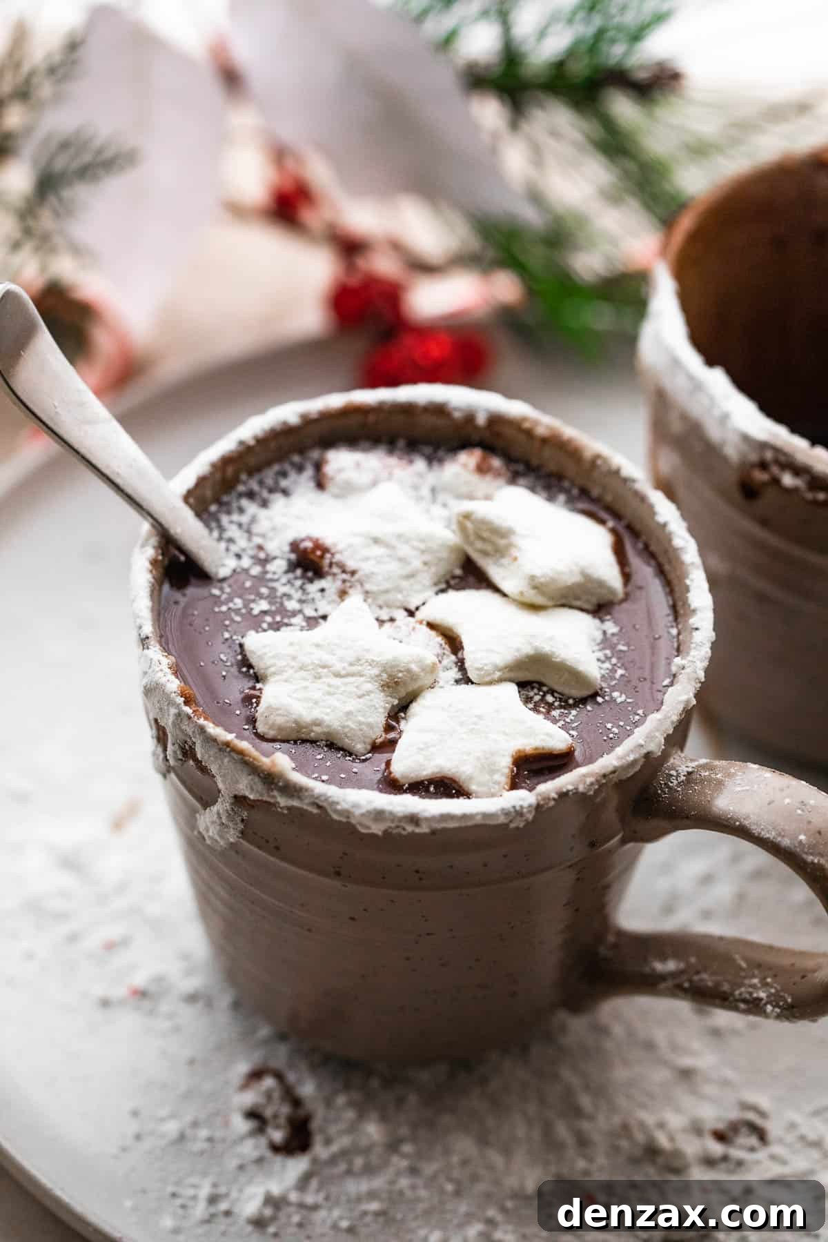 side shot of hot chocolate in a brown mug and topped with star shaped marshmallows and powdered sugar.