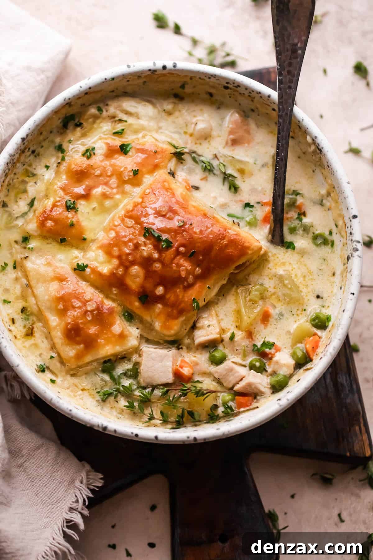 overhead shot of a cream colored bowl filled with turkey pot pie soup and topped with a piece of puff pastry square.