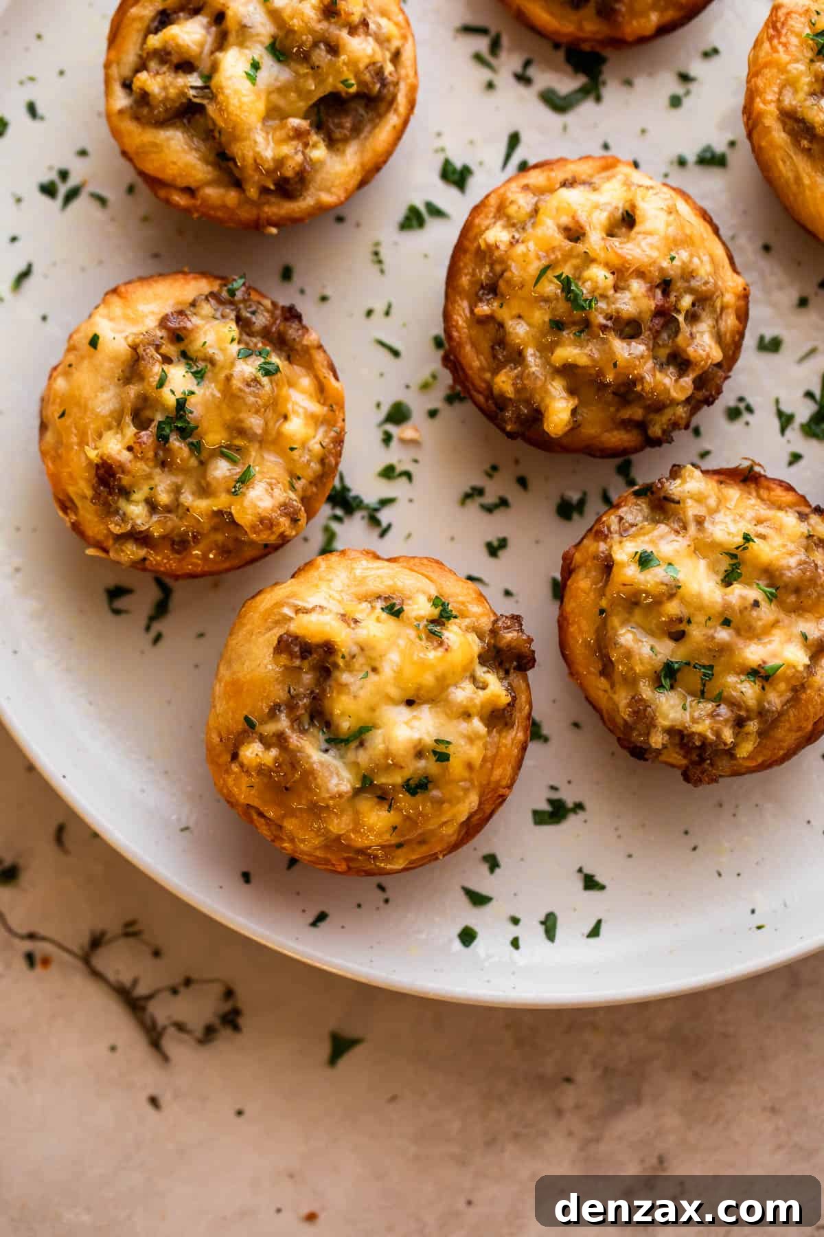 overhead shot of sausage breakfast cups arranged on a light plate and garnished with chopped parsley