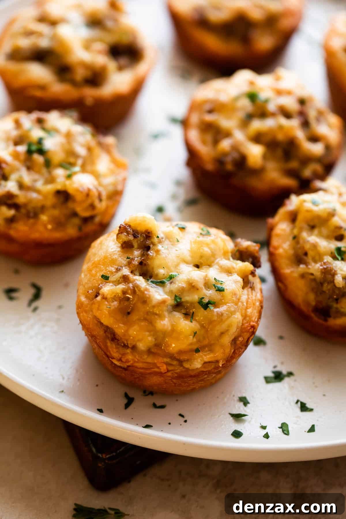 sausage breakfast cups arranged on a light plate and garnished with chopped parsley