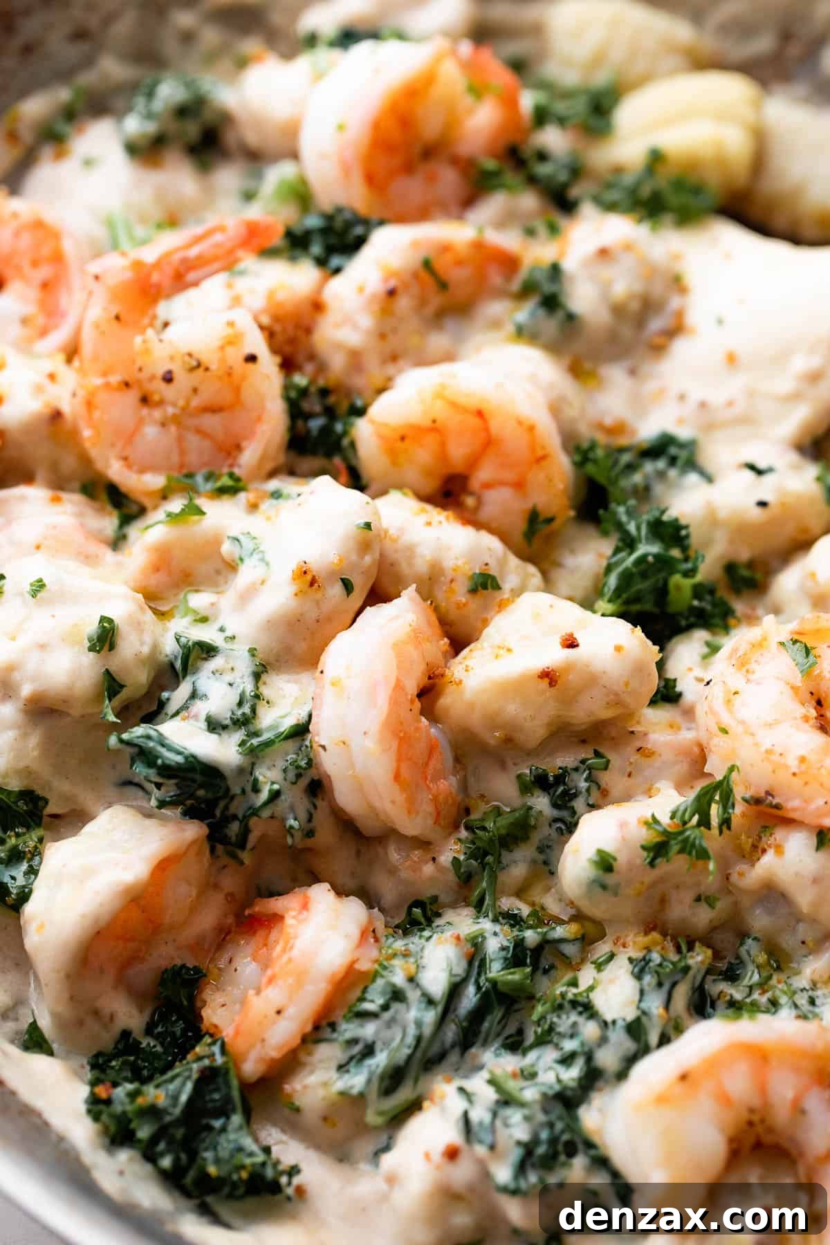up close shot of a steel skillet filled with cream sauce, gnocchi, shrimp, and greens.