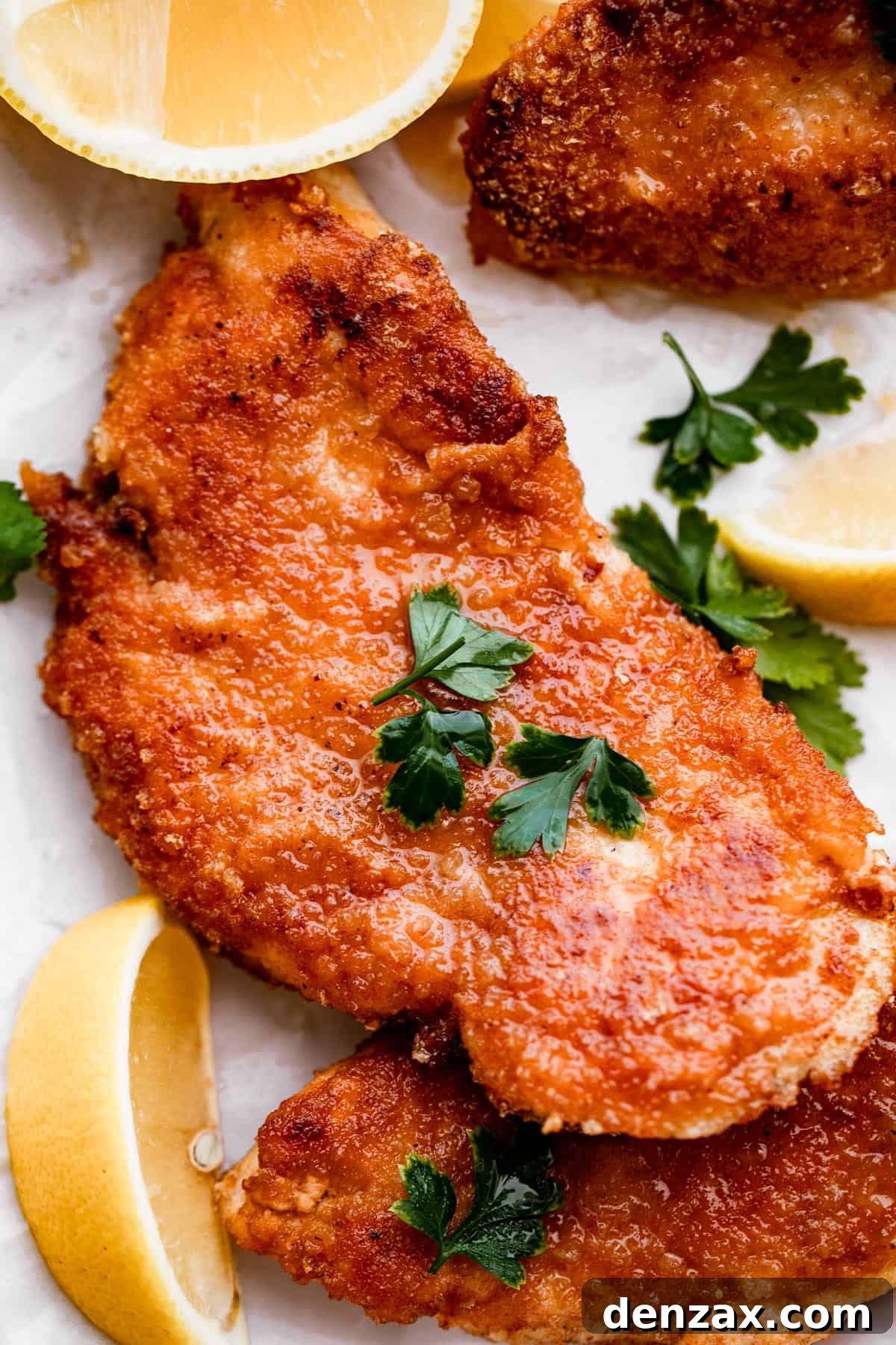 Crispy Chicken Schnitzel Recipe with Lemon and Herb Breadcrumbs 2 up close shot of chicken schnitzel garnished with parsley and lemon wedges placed around the chicken.