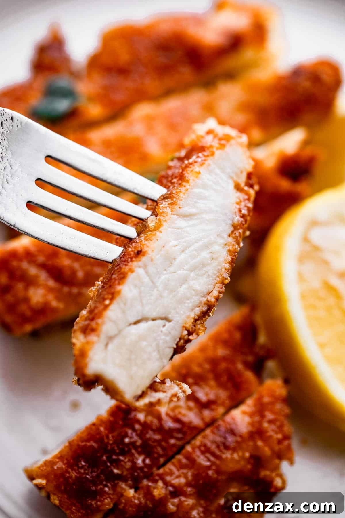 Crispy Chicken Schnitzel Recipe with Lemon and Herb Breadcrumbs 7 fork holding up a slice of chicken schnitzel