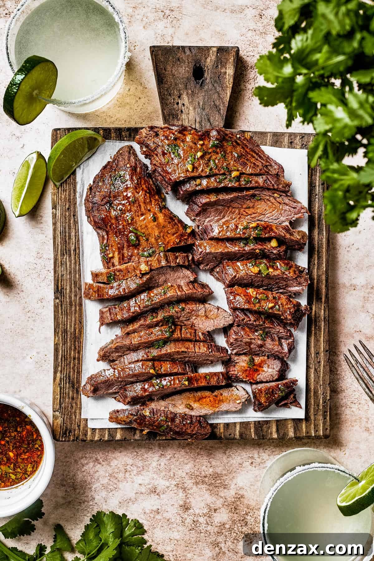 A cutting board with two large pieces of steak, sliced thinly. Limes an cilantro are on the work surface.
