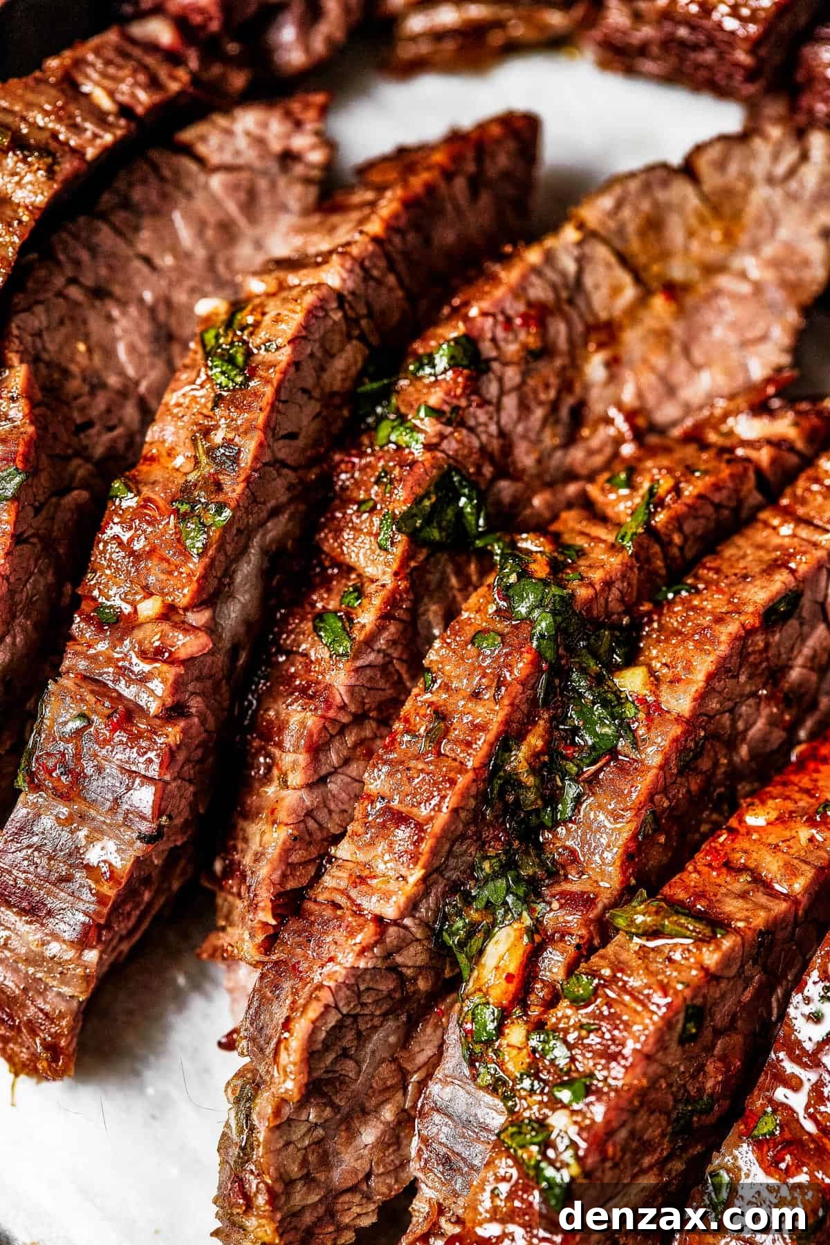 Close-up shot of sliced steak.