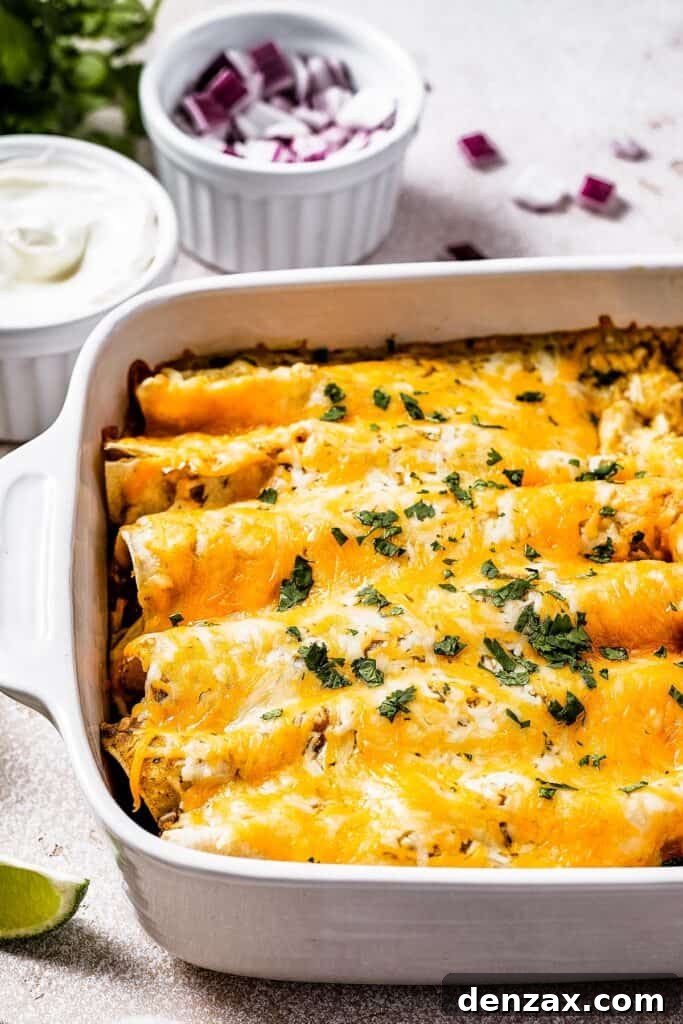 Baked chicken enchiladas with a dish of sour cream and a dish of chopped red onion.