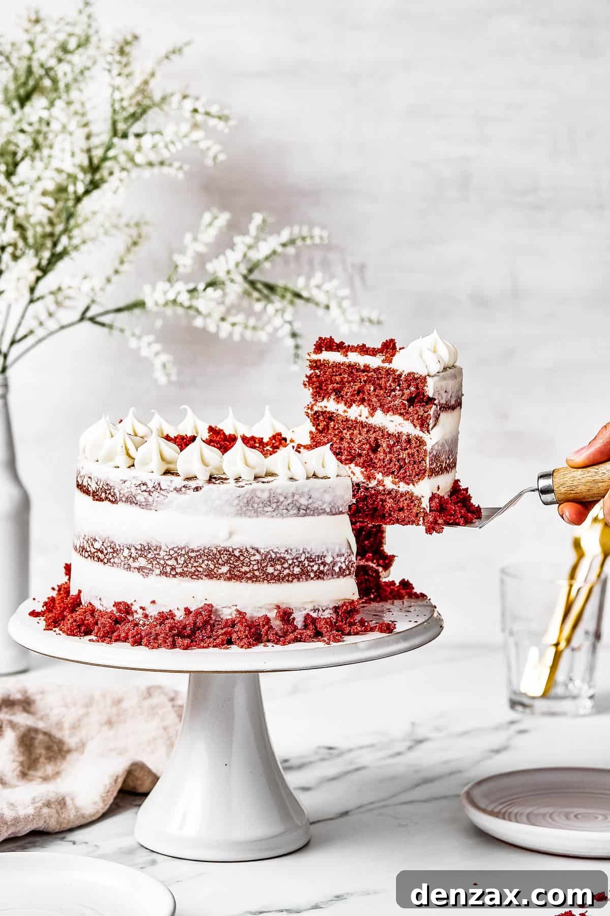 A woman's hand is lifting a slice of cake on a serving utensil.