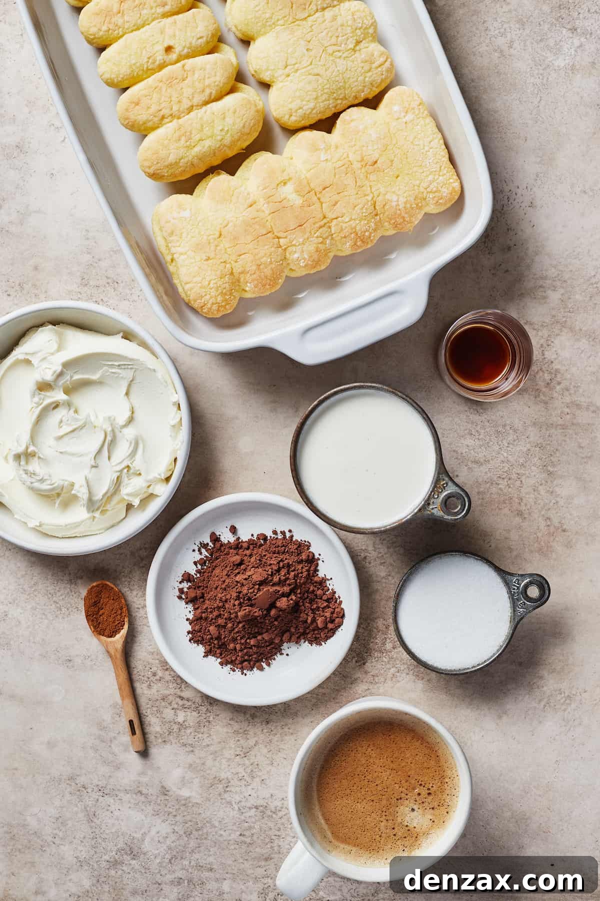 From top: Ladyfinger cookies, vanilla, whipping cream, sugar, espresso, cocoa powder, cinnamon, mascarpone cheese.